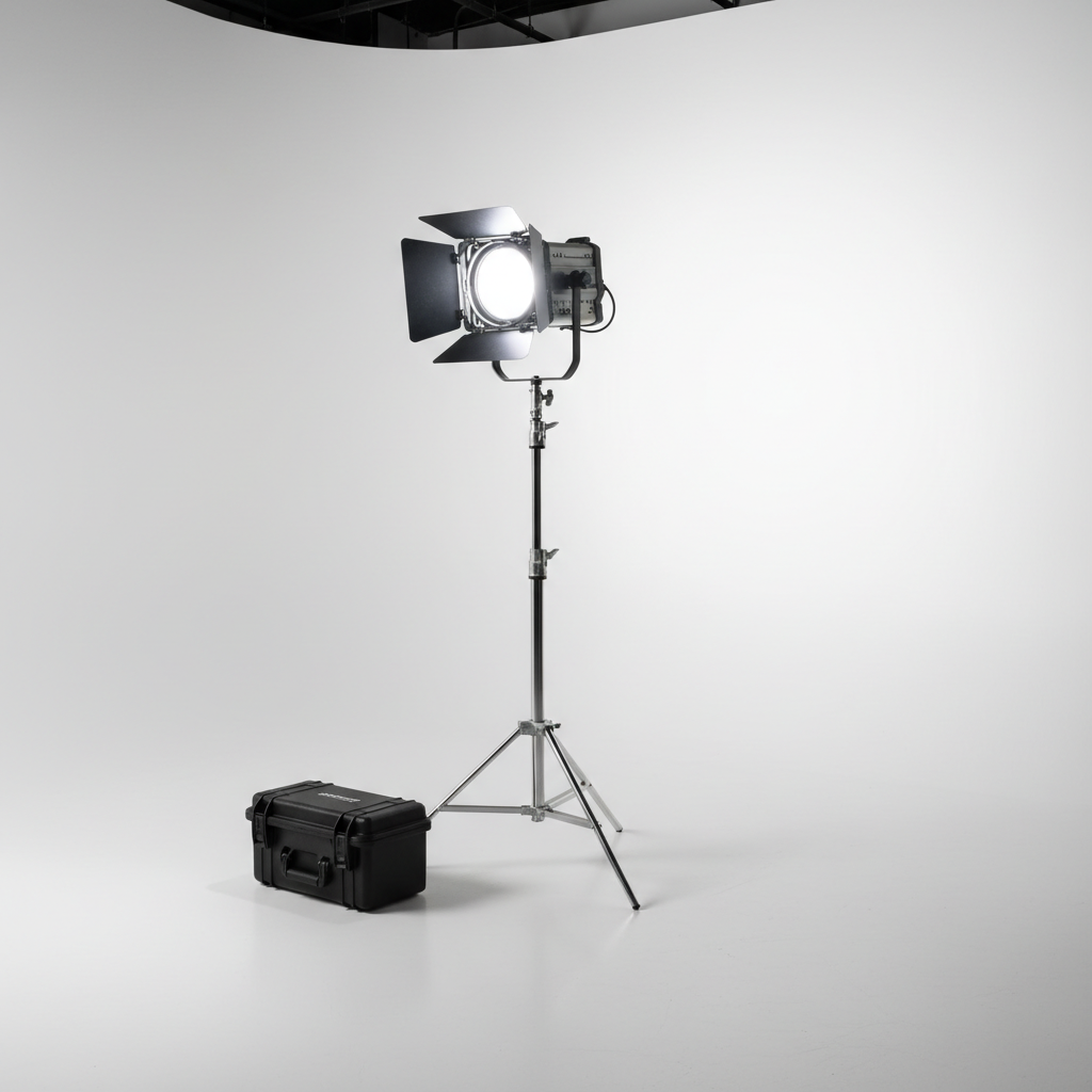 A single premium LED panel light in pristine black metal housing, mounted on a sturdy C-stand, positioned in the center of a minimalist cyclorama studio with seamless white walls and floor. The panel’s barn doors are partially closed, emitting a soft, daylight-balanced glow that creates a gentle falloff across the curve of the cyc. The only other elements are a compact hard case on the floor and a faintly visible backdrop support in the far background, rendered in subtle bokeh. Photographic realism with a clean, modern aesthetic, shot from a slightly low angle, medium distance, and composed using the rule of thirds. The mood is precise and professional, emphasizing reliability, quick setup, and rental-ready lighting gear.