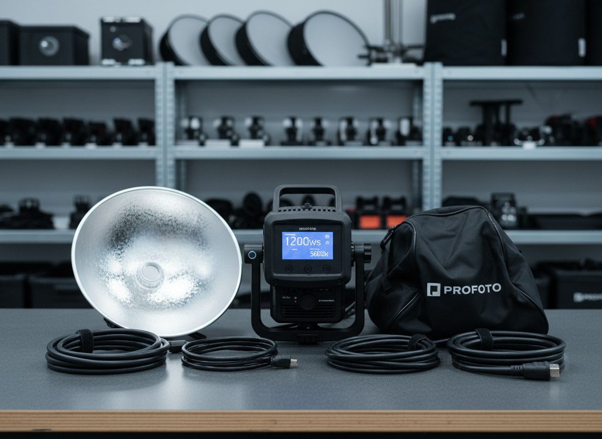 A meticulously arranged tabletop of high-end studio lighting gear in photographic realism, centered around a matte black 1200Ws monolight with a digital display glowing faint blue. Around it sit a silver beauty dish, a deep parabolic softbox collapsed in its case, and neatly coiled XLR and power cables. Everything rests on a smooth charcoal-gray workbench with subtle texture, backed by a softly blurred wall of organized gear shelves. Cool, even studio light from overhead creates crisp reflections on metal surfaces and soft gradients on the matte plastics. Shot at eye level with a slightly wide focal length, sharp focus across the frame, conveying a clean, professional, rental-ready atmosphere ideal for a pro camera gear store homepage.